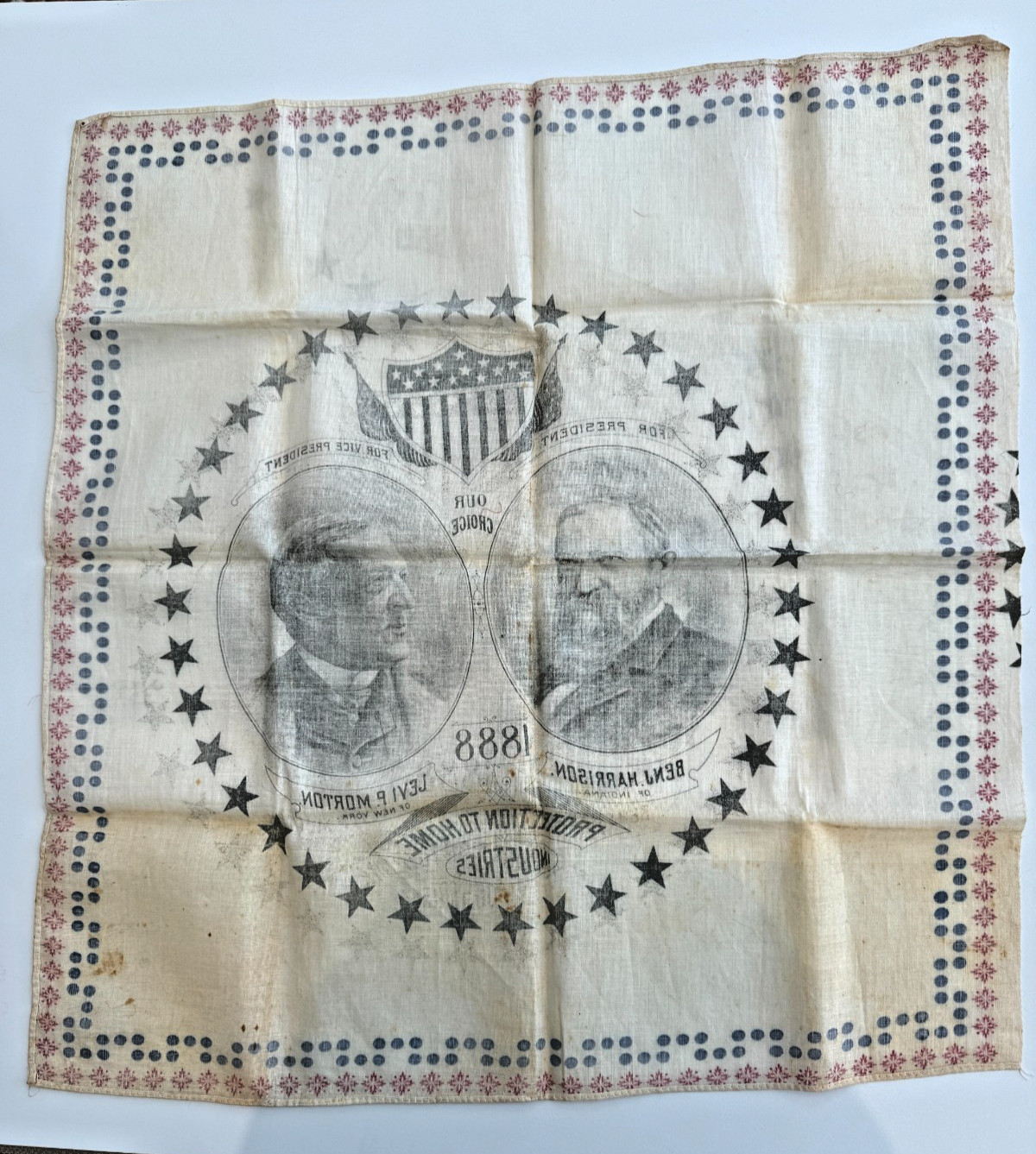 1888 Benjamin Harrison Levi P Morton Campaign Handkerchief Protection Industries