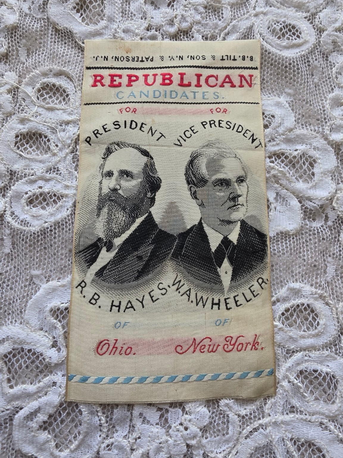 1876 Hayes Wheeler Silk Jugate Ribbon B.B. Tilt Republican