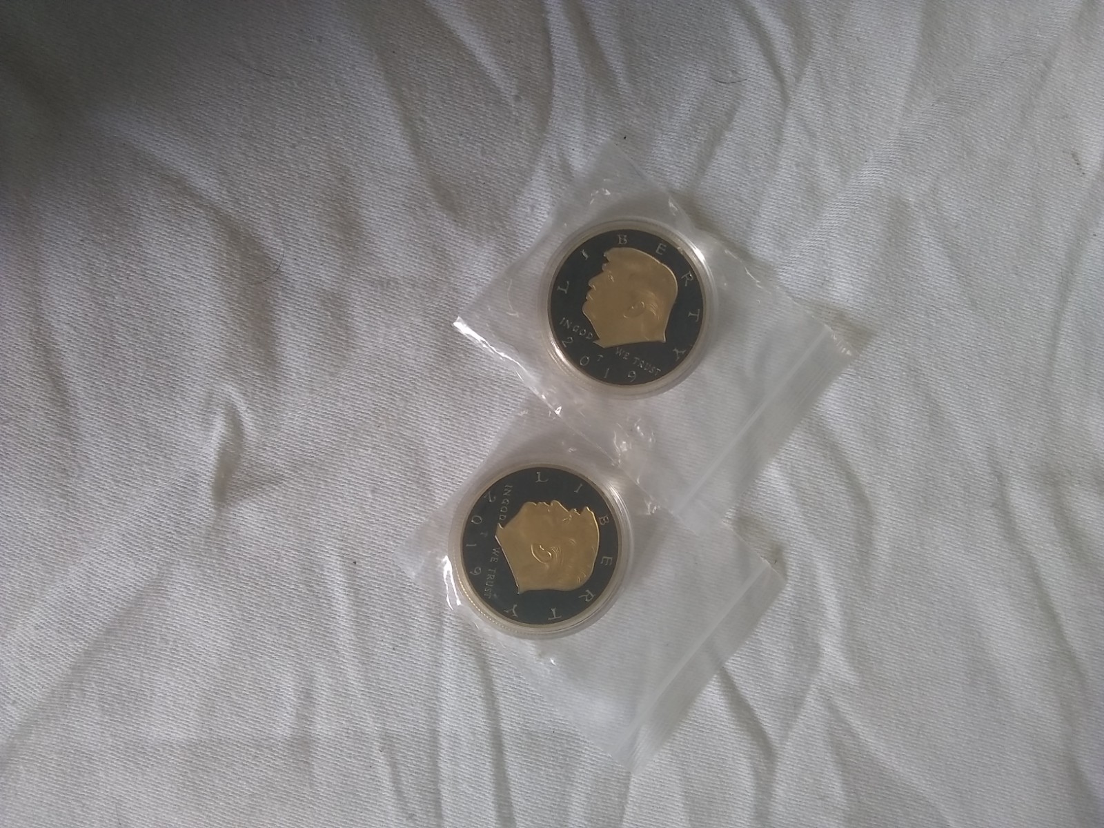 TWO Donald Trump Liberty 2019 Gold/Blue Coin. In God We Trust. Seal of Us