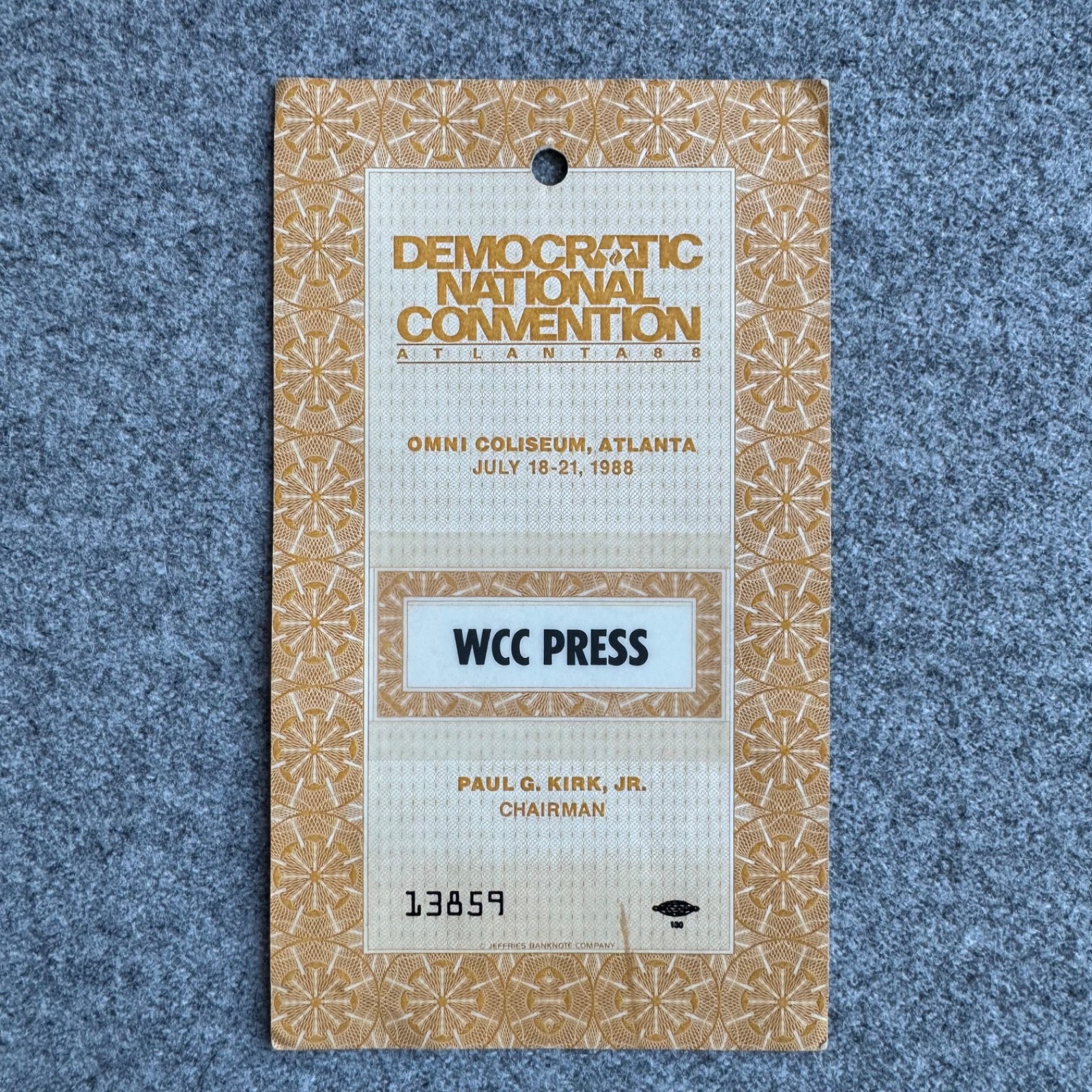 RARE VINTAGE 1988 Democrat National Convention WCC PRESS Credential ATLANTA DNC