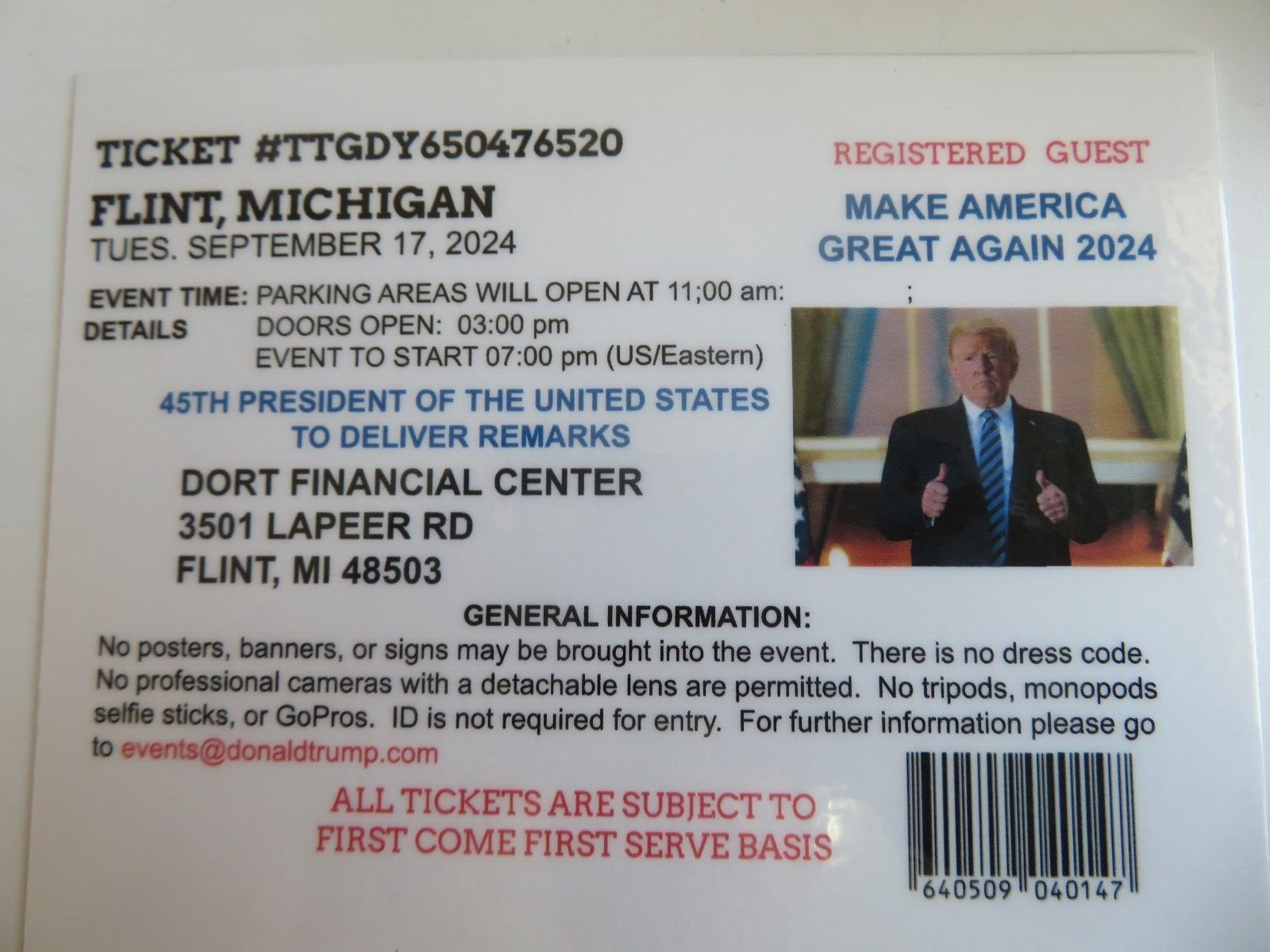 DONALD TRUMP, REGISTERED GUEST, FLINT, MICHIGAN, 09-17-2024 RALLY TICKET