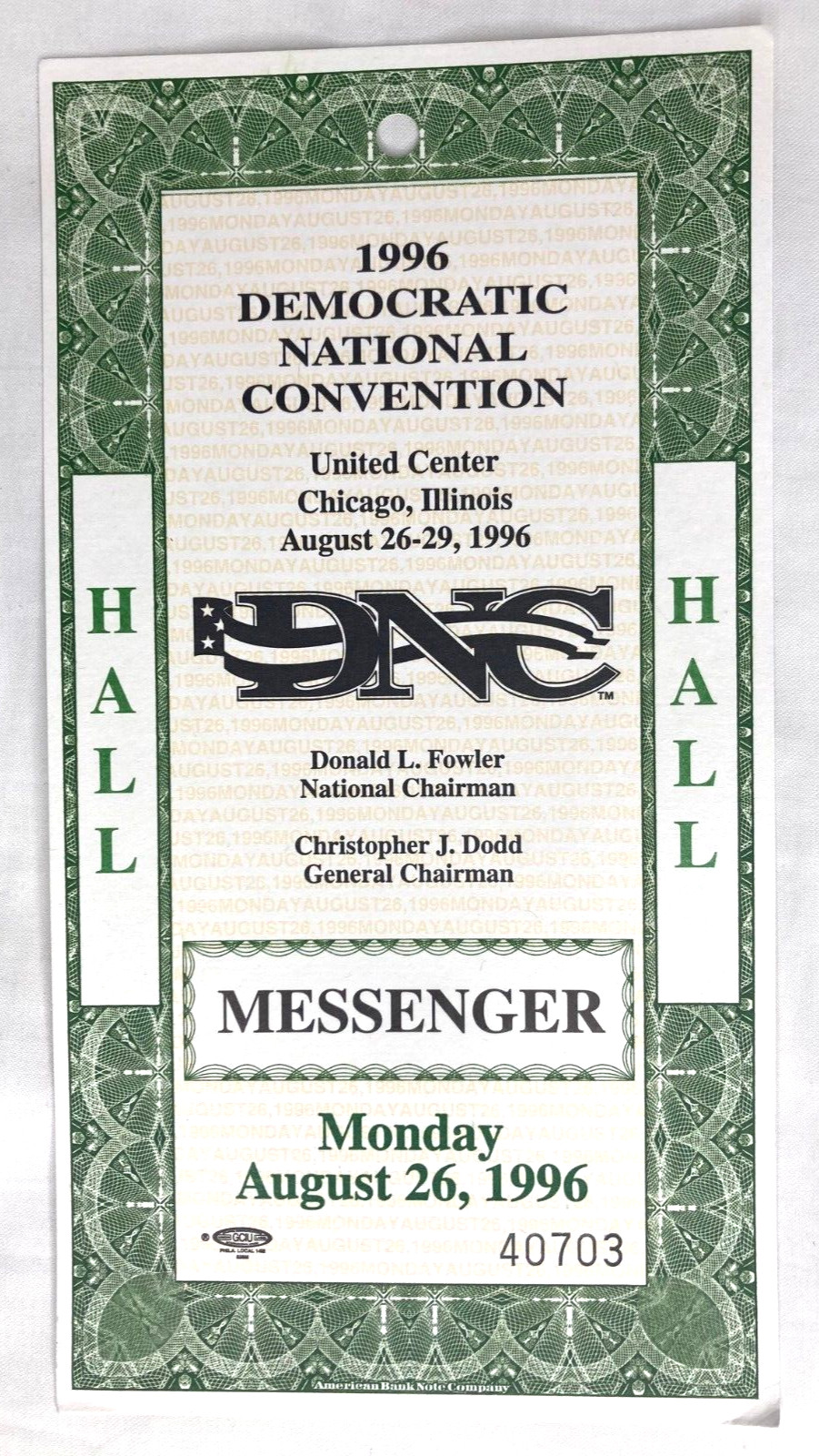 1996 Democratic National Convention Hall Staff Credential President Bill Clinton