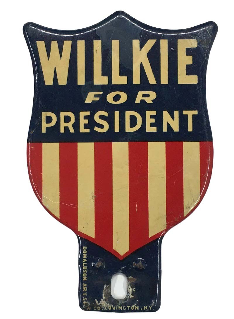 Vintage Willkie For President 1940 Political US Flag Shield License Plate Topper