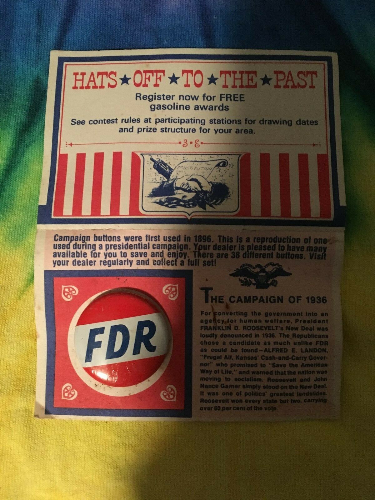 Vintage Campaign Button Hats Off To The Past Franklin D Rooosevelt 1.25″