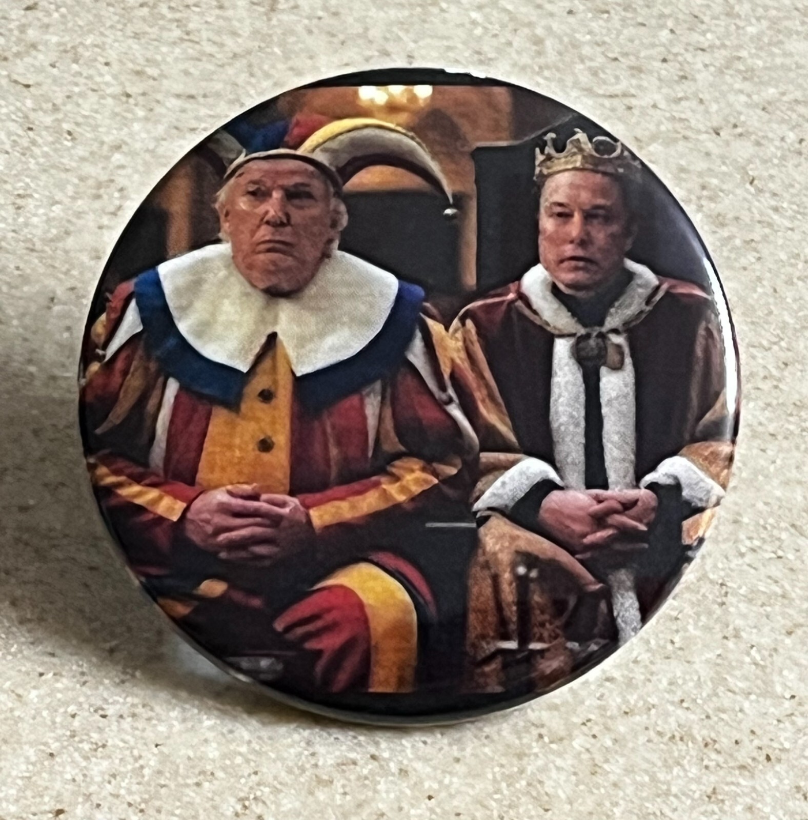 “King Elon, Jester Trump” Magnet, 2 1/4 inch.
