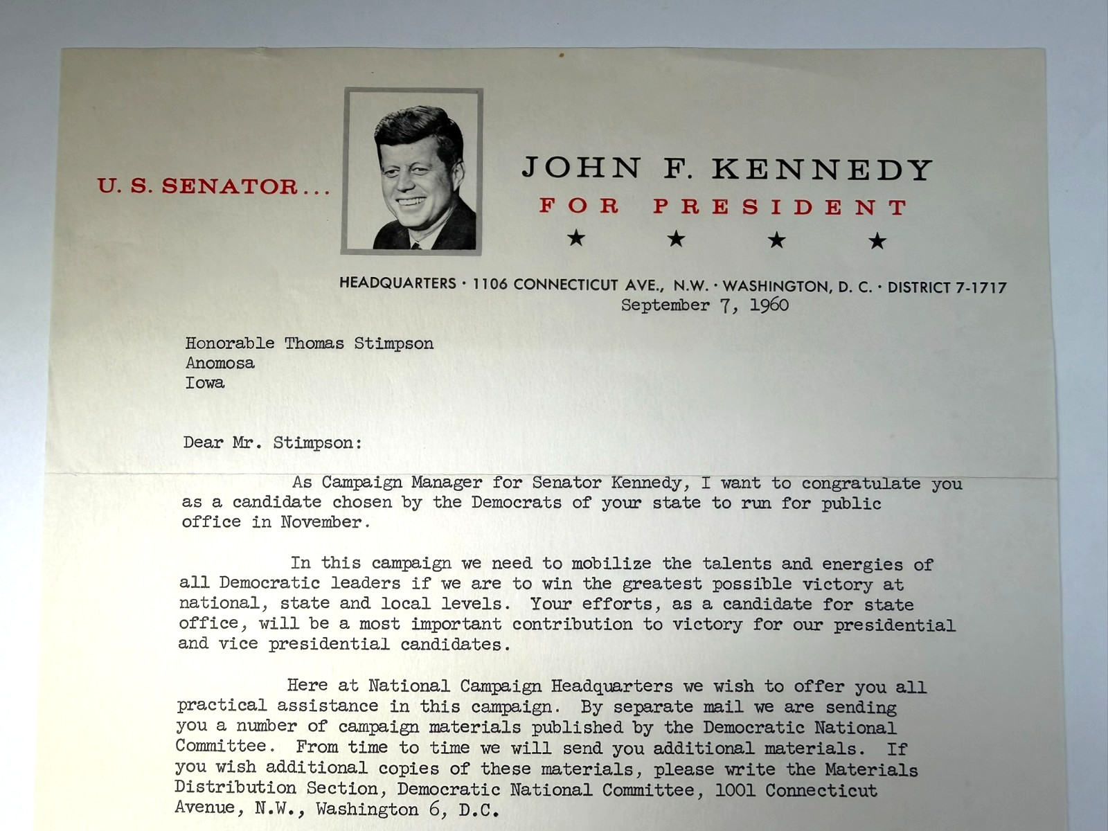 JFK John F Kennedy 1960 Presidential Campaign Letter “Signed” by Robert Kennedy