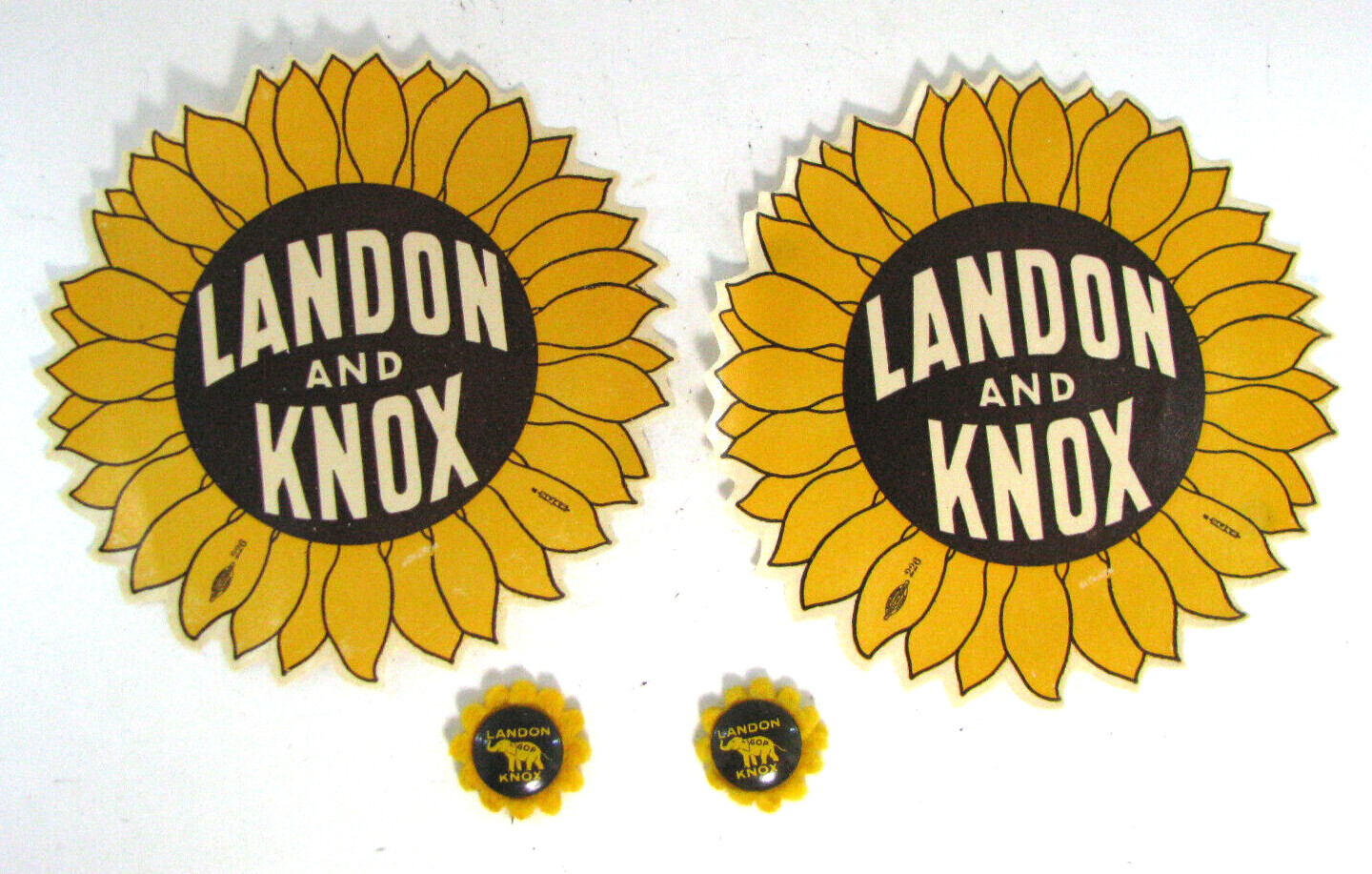 1936 Landon Knox Presidential Campaign Sunflower Pins and Decals GOP Politics