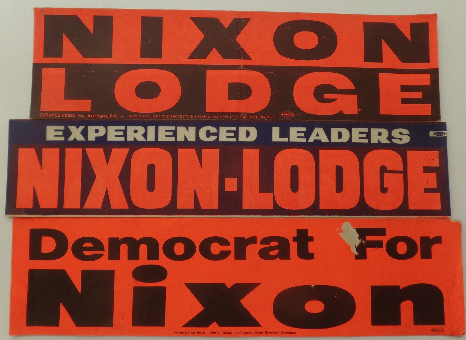 3-1960 Richard Nixon Henry C. Lodge Prez Campaign Bumper Stickers Lost to JFK