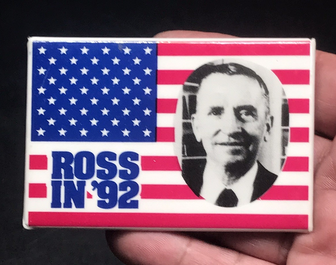 VTG 1992 Ross Perot w/ USA Flag Presidential Campaign Pin 2×3 Ross In ’92