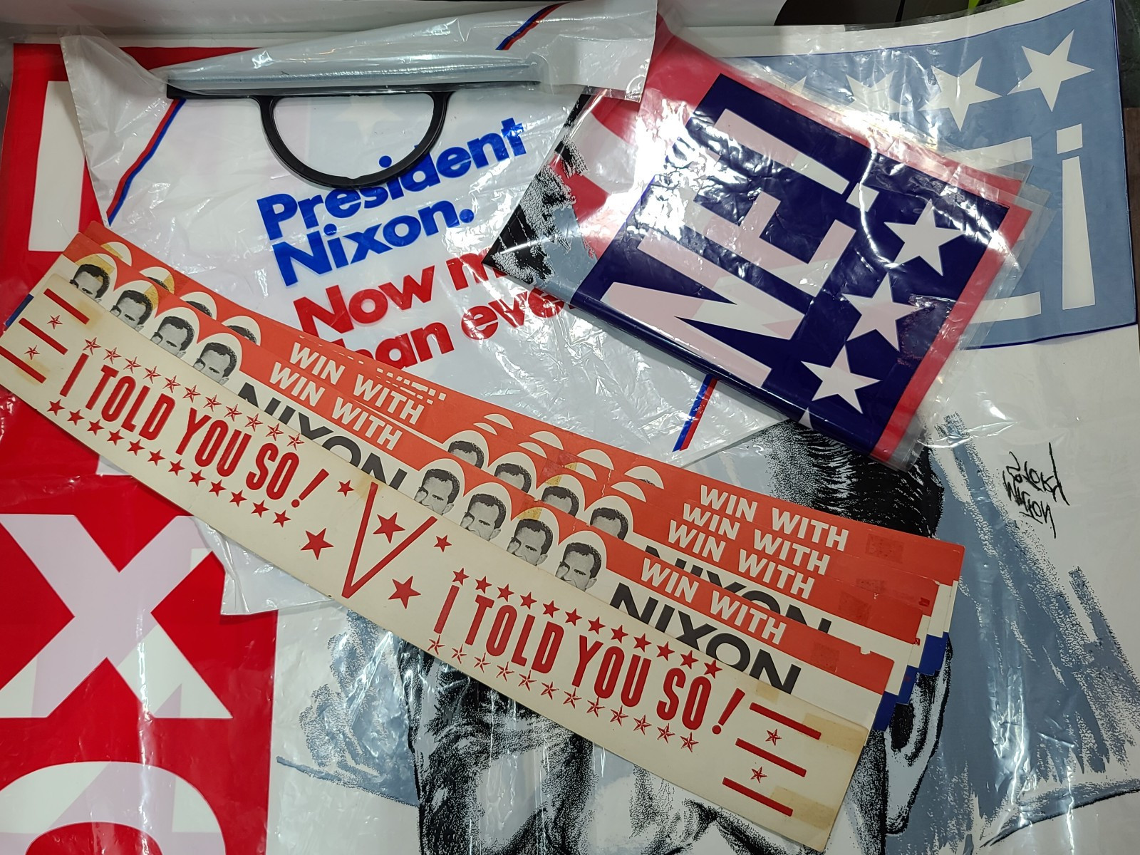 2x 1968 Presidential Campaign Poster Nixon’s The One Plastic Sheet & 6 Hat Bands