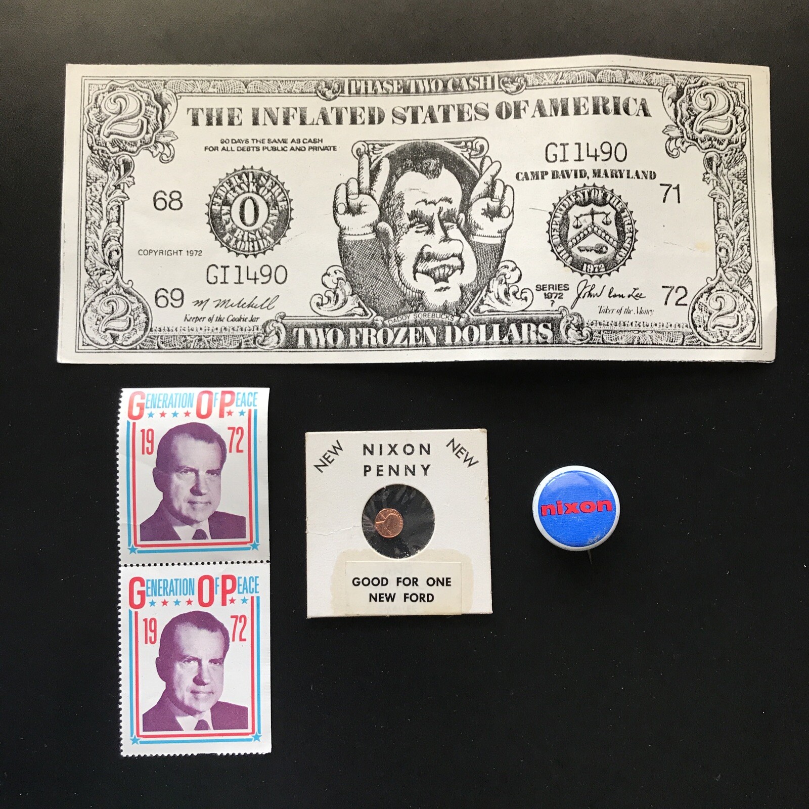 Nixon Satirical Penny, Stamps,”Frozen Dollars”, Feeley & Wheeler Campaign Pin