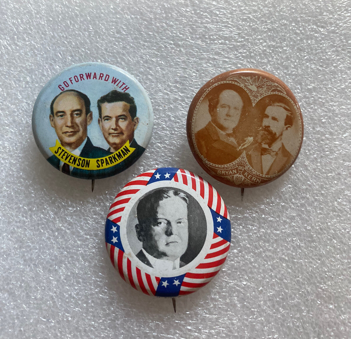 Mixed Lot of 3 Reproduction 1972 Bryan/Kern Hoover Stevenson/Sparkman pin button