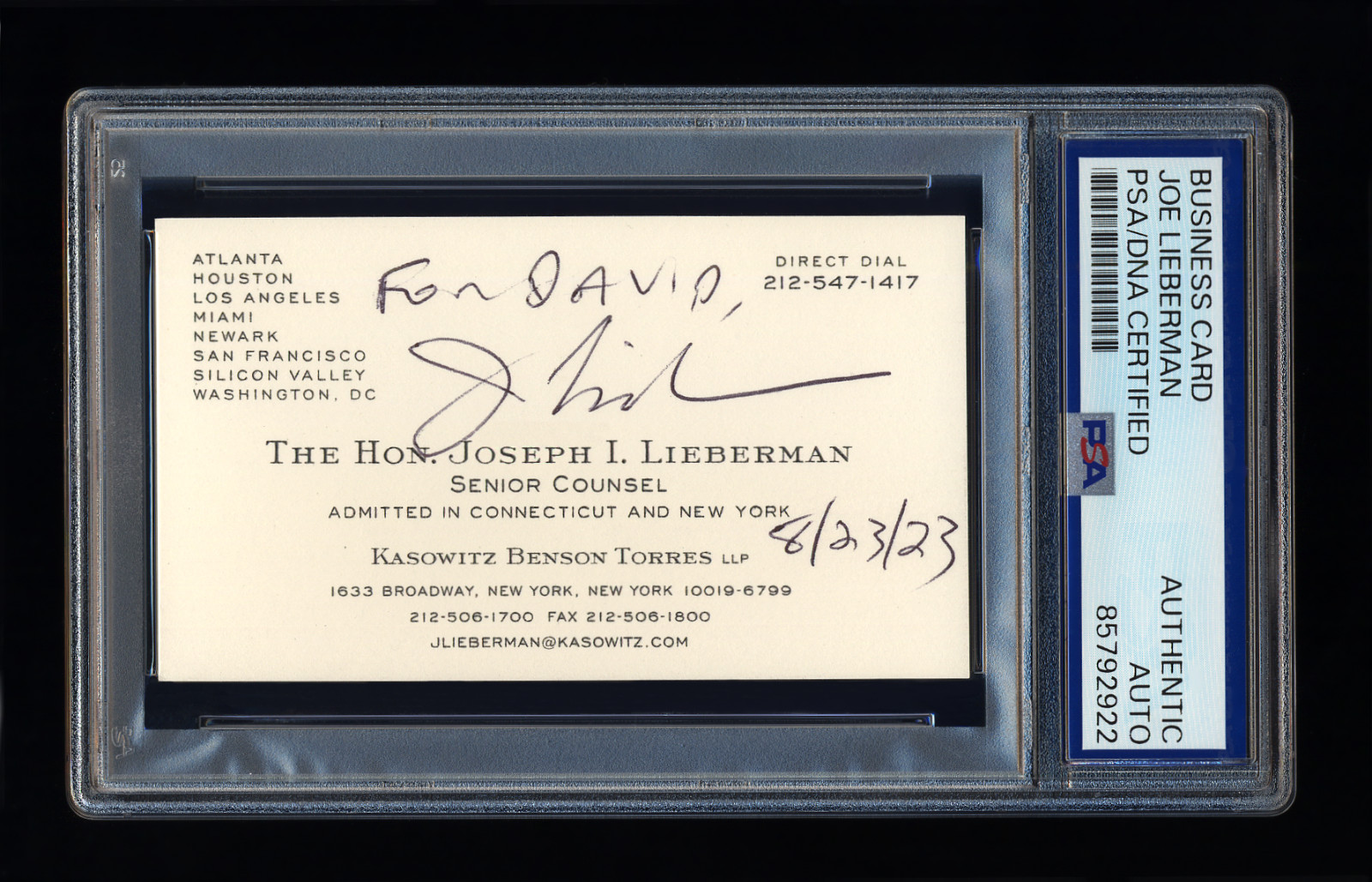 JOE LIEBERMAN SIGNED BUSINESS CARD PSA/DNA AUTOGRAPHED SENATOR VP CANDIDATE