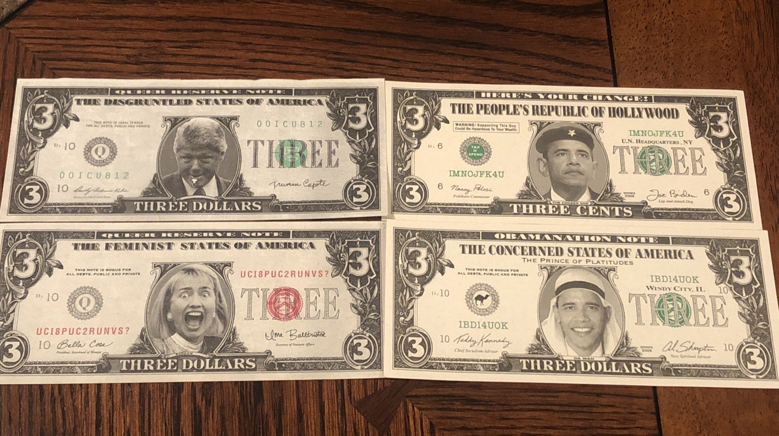 4xParody $3 Bills: Bill & Hilary Clinton Obama US Dollars- Political Humor