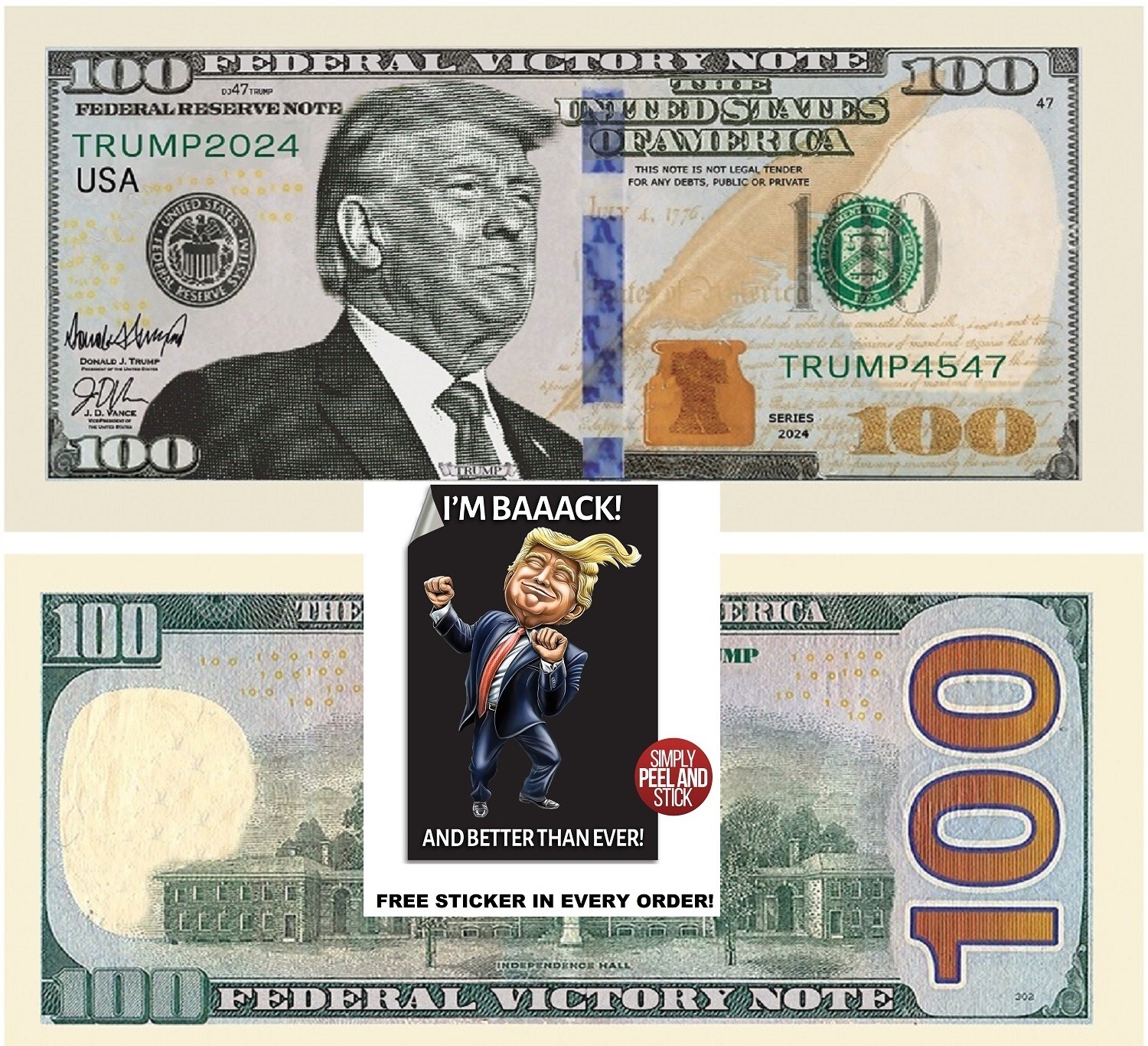 ✅ Pack of 25 Trump 100 Dollar Bills Novelty Money ✅ INCLUDES FREE STICKER!