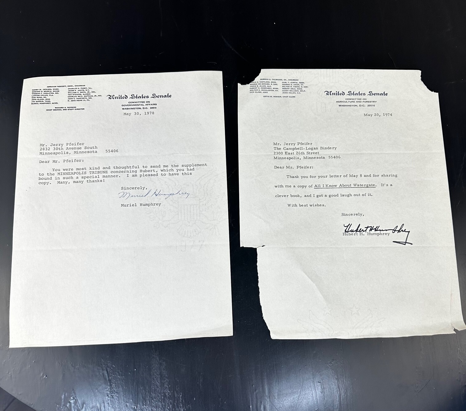 HUBERT H. HUMPHREY MURIEL AUTOGRAPHS SIGNATURES signed Senate Letterhead