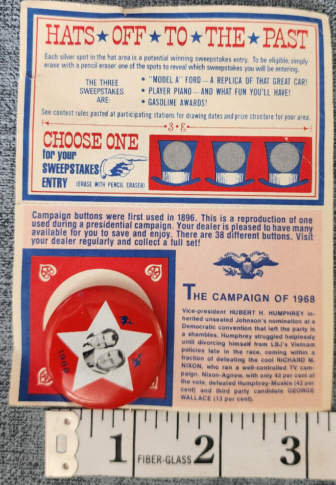 Vintage Hats Off To The Past Nixon Campaign 1968 President Pin And Scratch Card