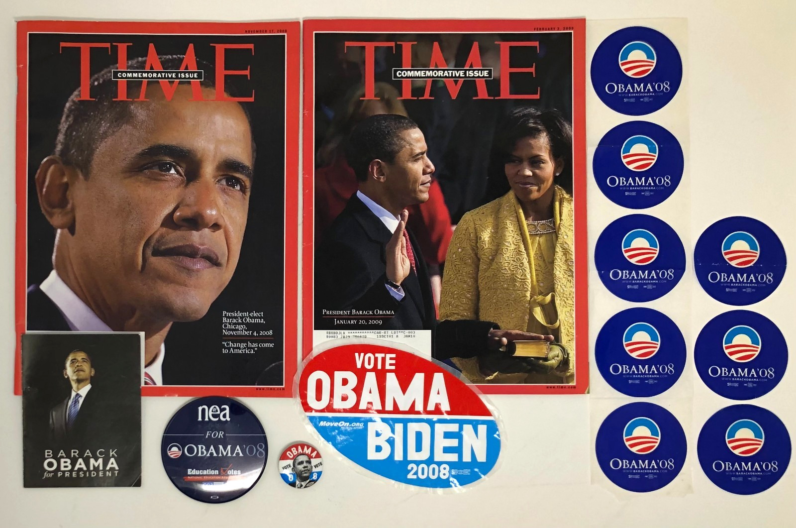 Obama Campaign 2008 – Time Issues, Obama Biden Pin, Stickers, RARE NEA Button