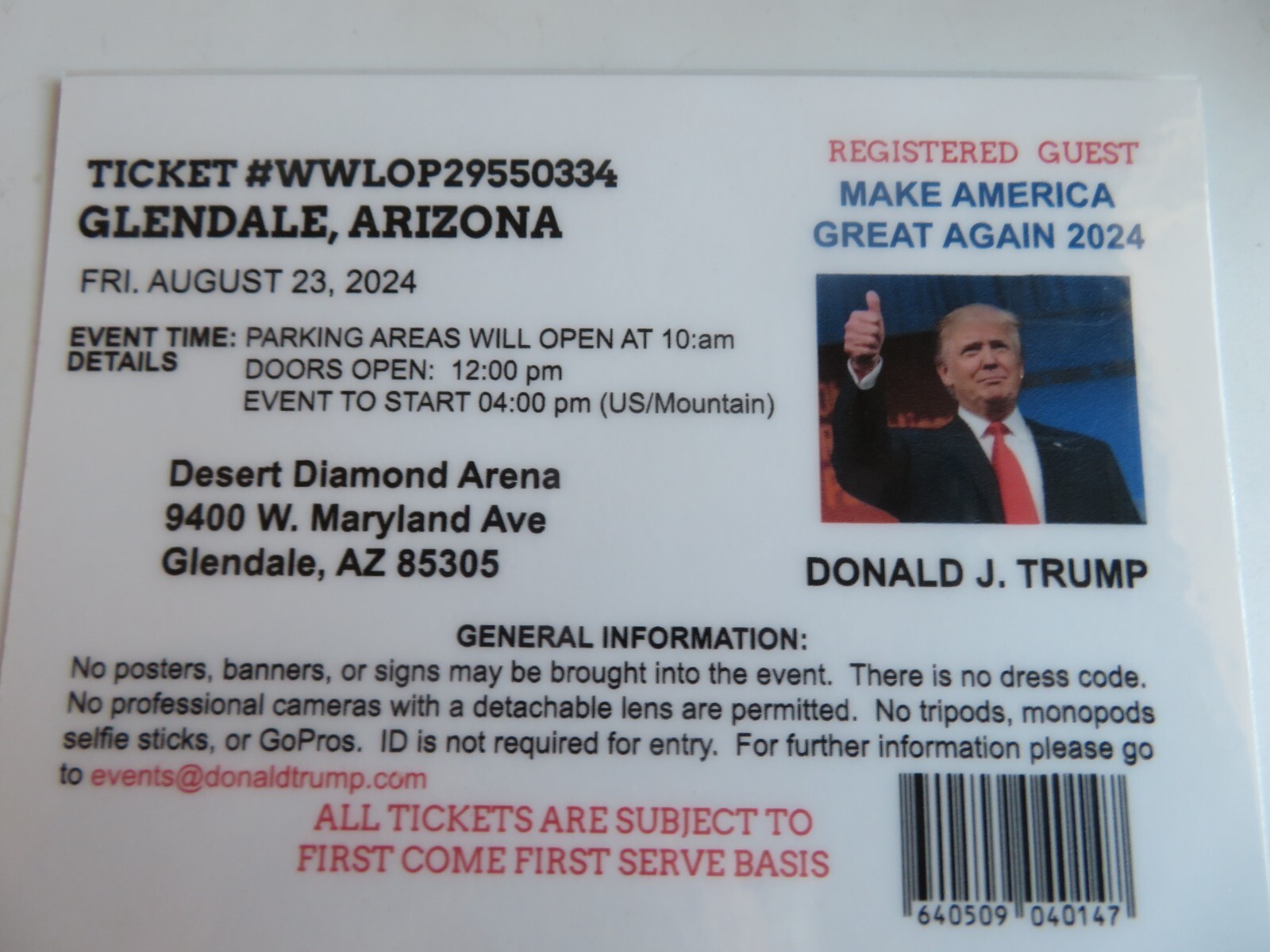 DONALD TRUMP, 2024 MAGA RALLY. GLENDALE, ARIZ, 8-23-2024 REGISTERED GUEST TICKET