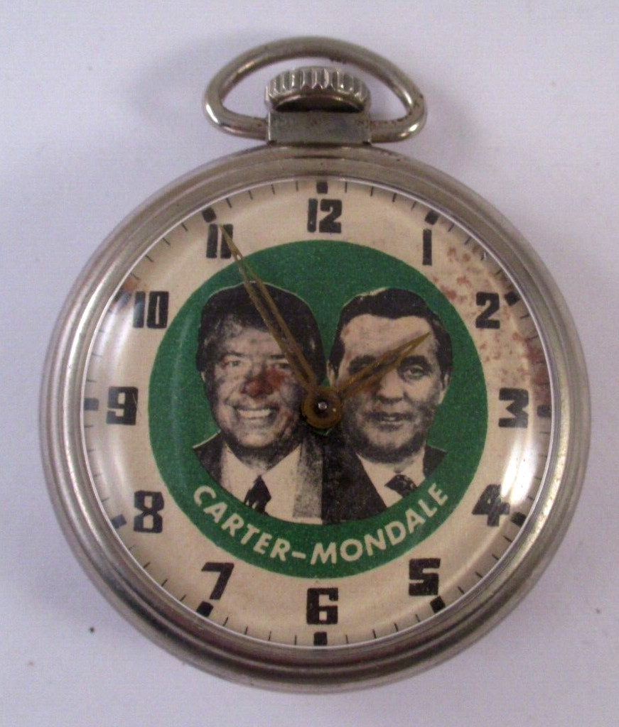 RARE Vtg 1976 JIMMY CARTER WALTER MONDALE CAMPAIGN Advertising POCKET WATCH RUNS