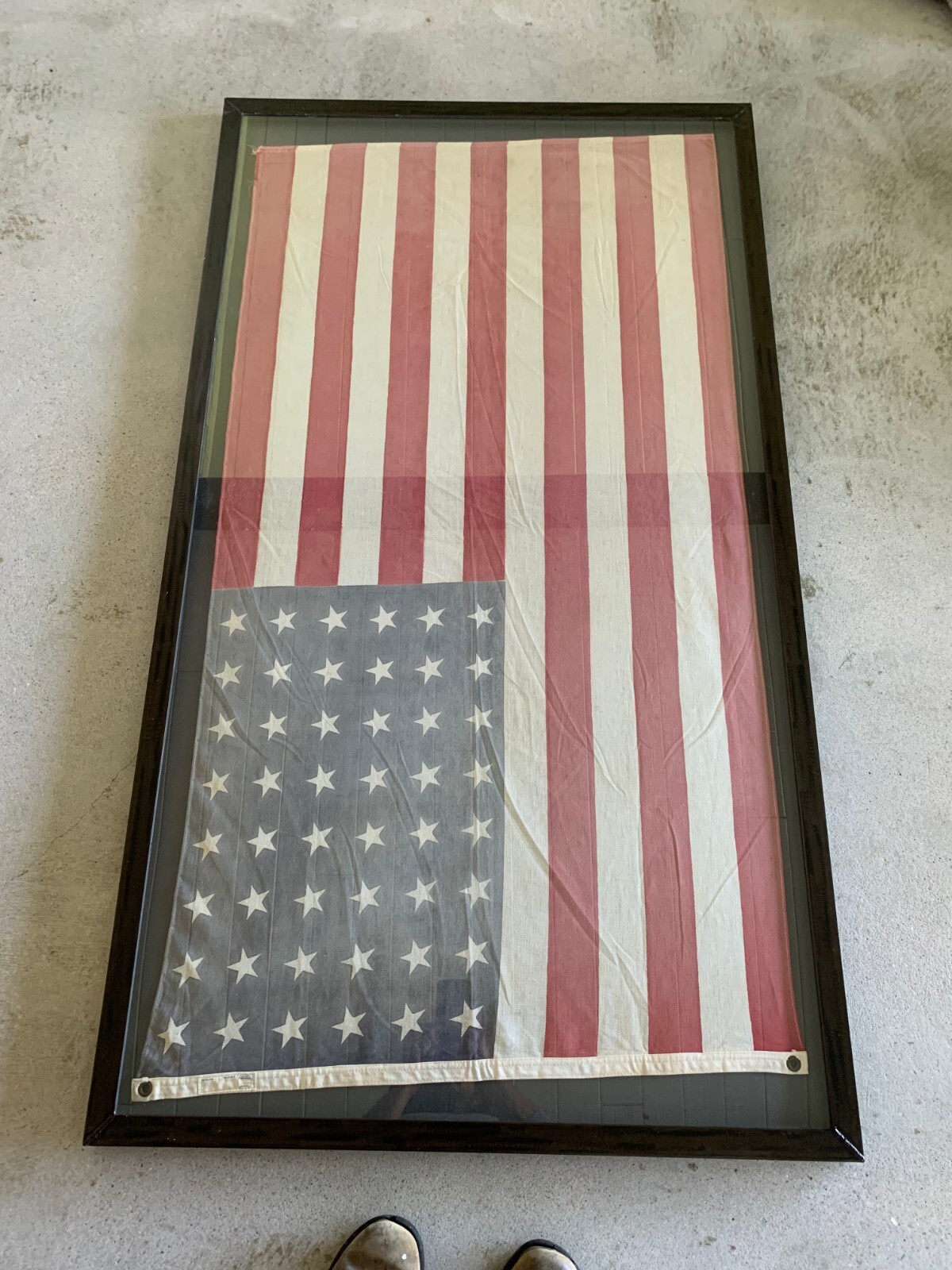 48 Star Vintage American Antique Flag Fast Colors Matted Framed Steel Glass