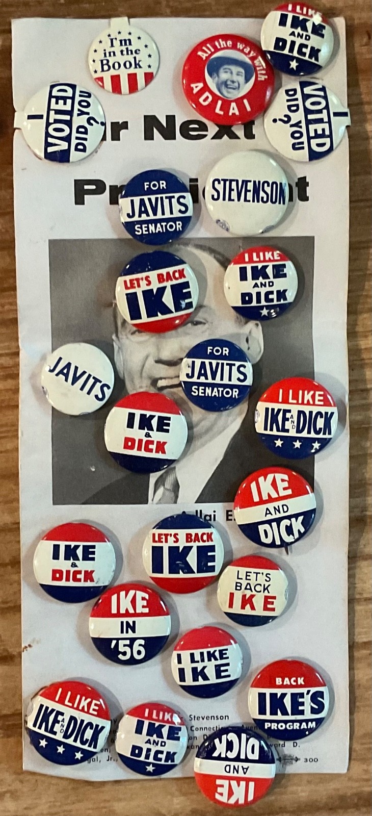 1956 ADLAI STEVENSON PRESIDENTIAL CAMPAIGN BROCHURE 27 BUTTONS IKE,NIXON, JAVITS
