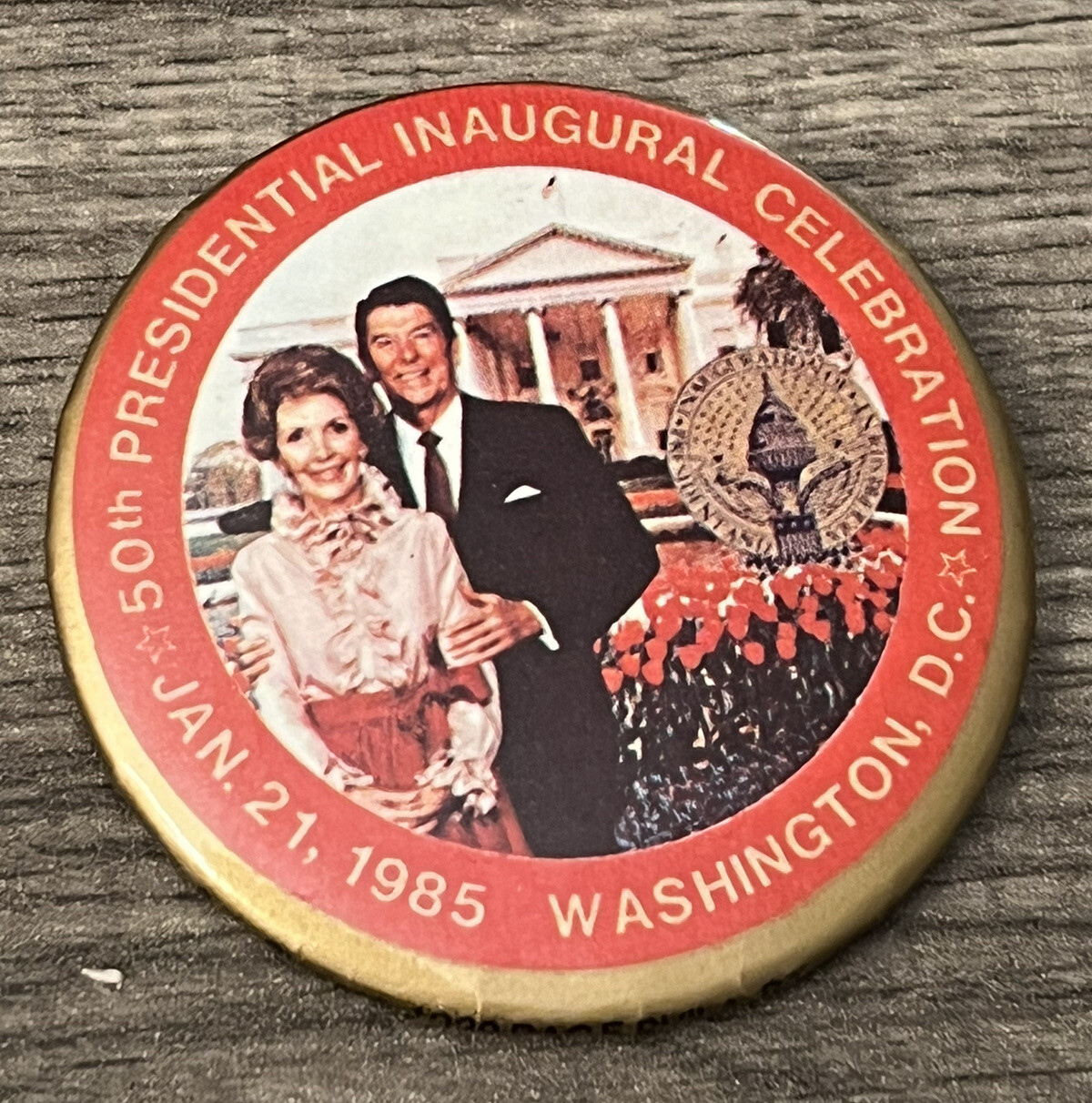 Vintage 1985 Nancy Ronald Reagan Jugate Inaugural Celebration Button Pin PB21
