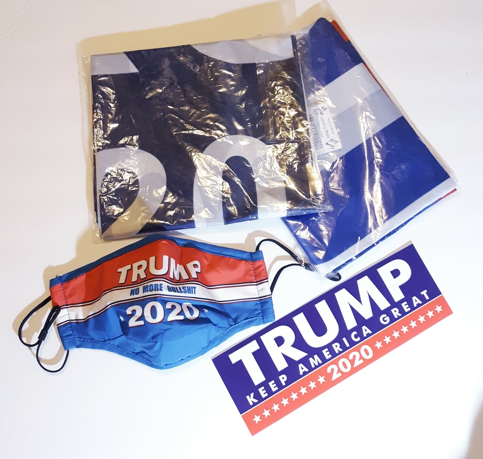 Trump 2020 LOT 2 Flags NO BS 3×5 1 Face Mask 1 Bumper Sticker Combo – 4 Items