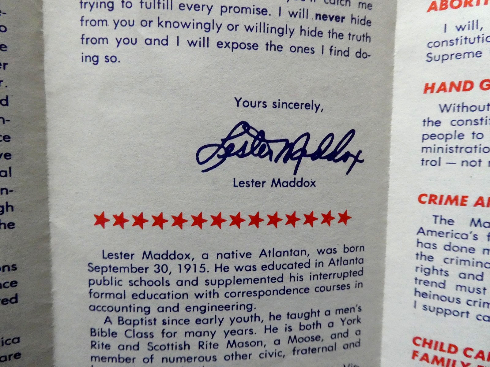 1976 Lester Maddox For President Brochure Cards Georgia Governor segregationist