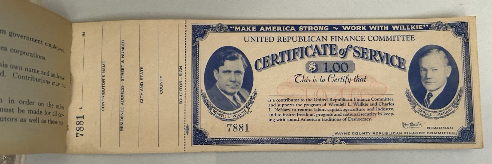Willkie & McNary Certificate of Service Booklet of 10 – Republican Finance Comm.