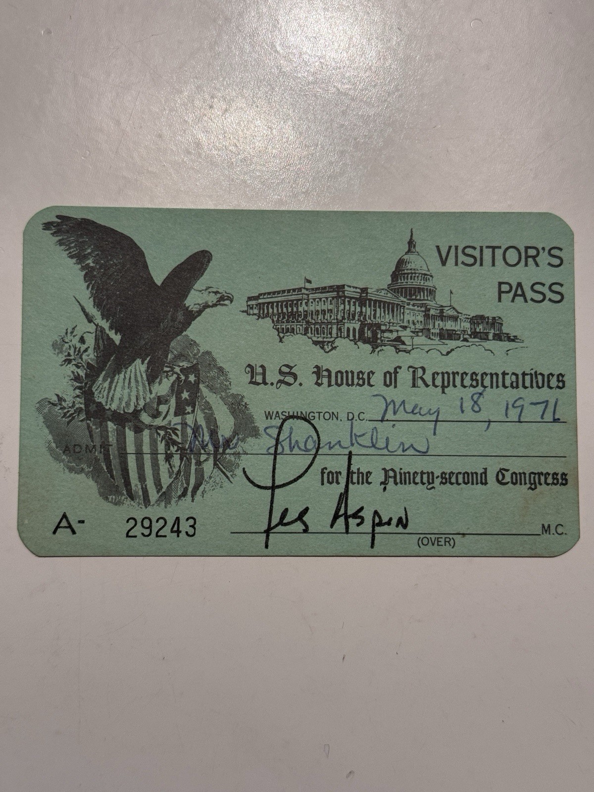Vintage Original US House Of Representatives Ticket 1971 Signed By Rep Les Aspin