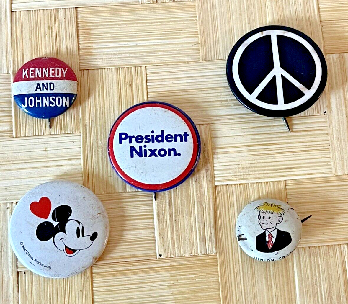 60’s&70’s Political Campaign Pins JFK, Nixon, Disney Mickey,Peace& Kellogg”s PEP