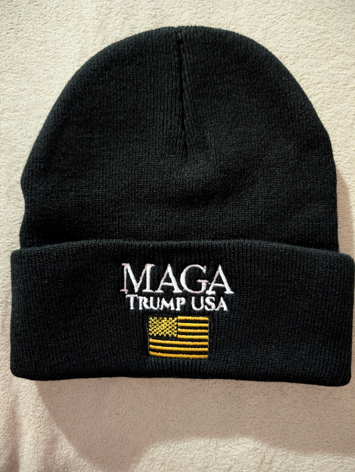 Trump Maga USA 2024 Black & Gold Beanie American Flag