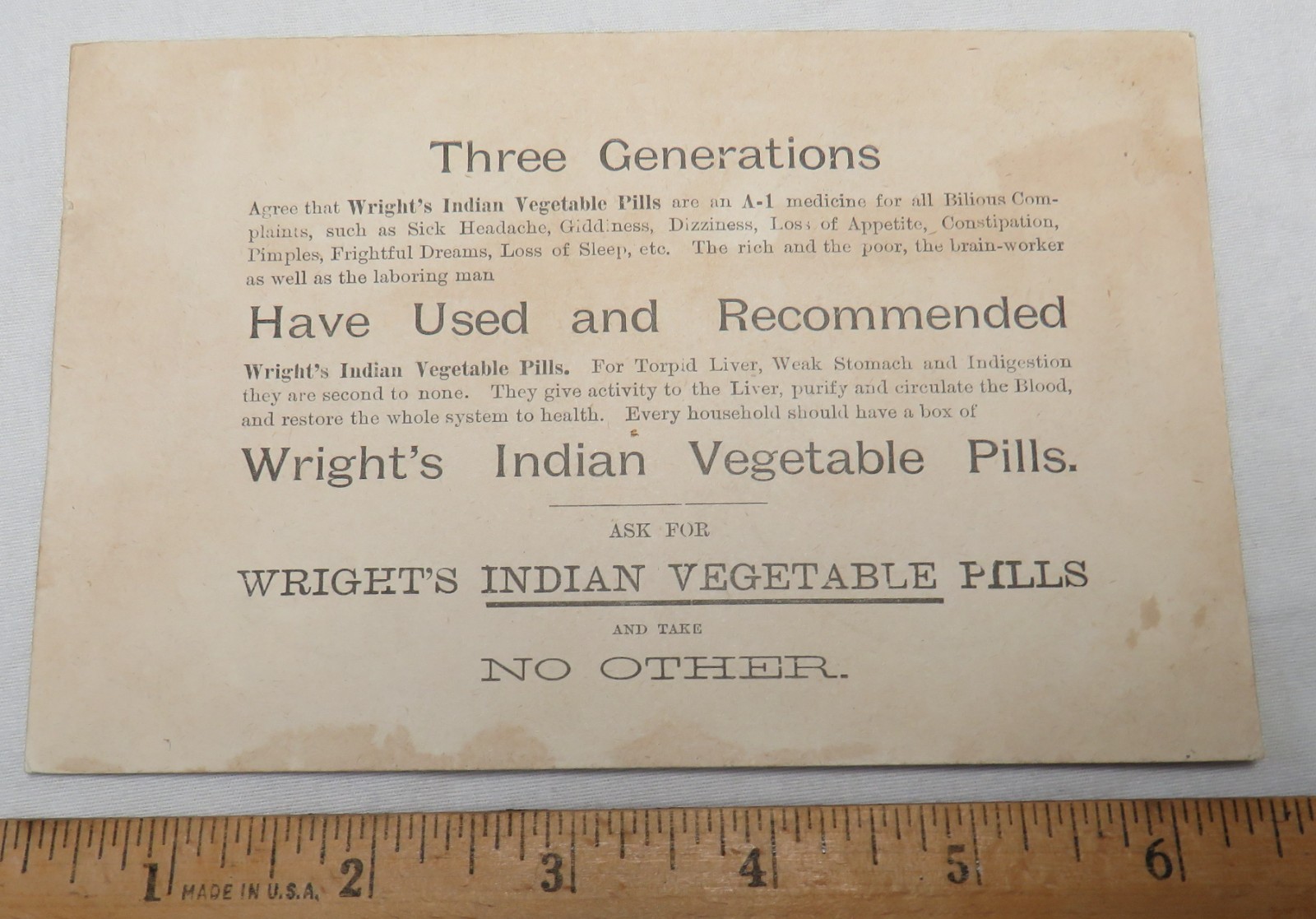 1892 Republican Nominees Benjamin Harrison Wrights Indian Pills Trade Card