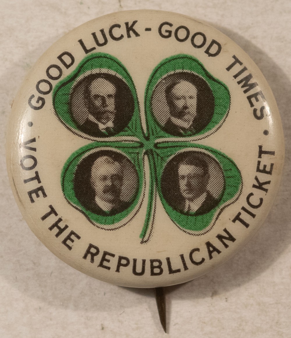 1916 CHARLES HUGHES COAT-TAIL CLOVERLEAF QUADGATE 1″ CELLO CAMPAIGN BUTTON-MINT!
