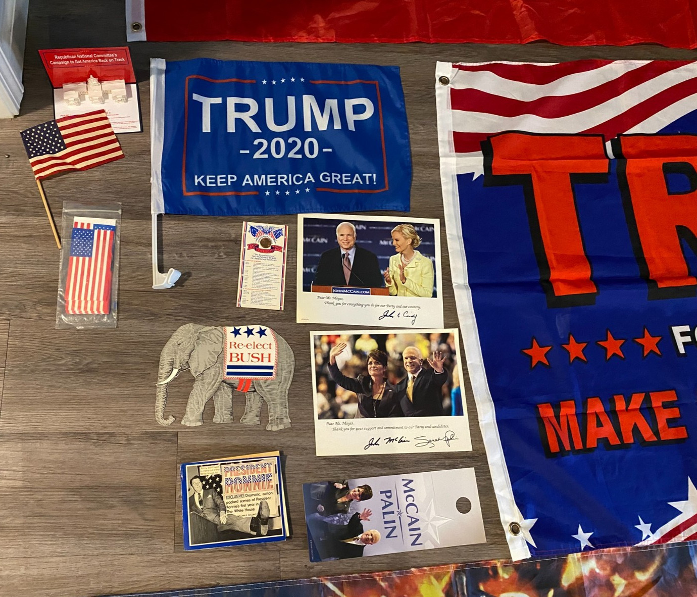 3×5 Trump flags w/ lot McCain Palin campaigning and President Ronnie Reagan book
