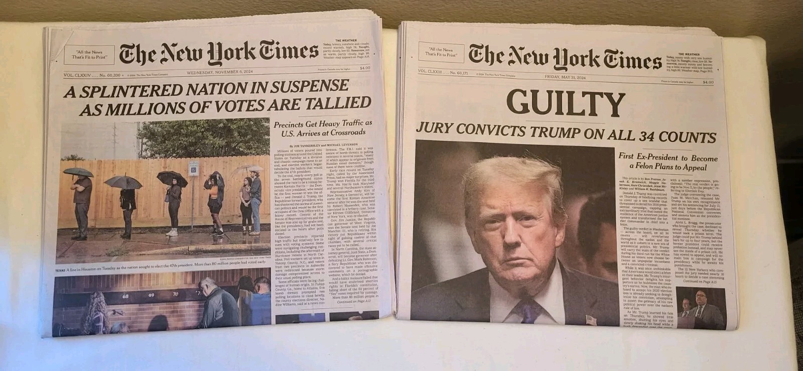 New York Times Paper GUILTY TRUMP & ELECTION TRUMP HISTORICAL ISSUES