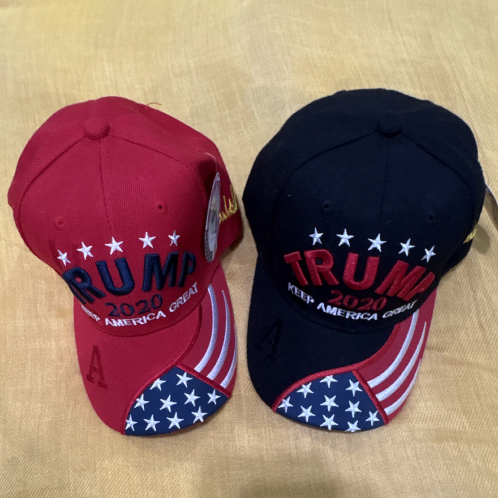 Donald Trump 2020 Keep America Great Cotton Hats Red & Black US Flag Set of 2
