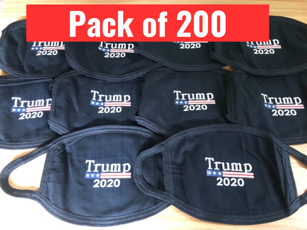 Lot of 200 Trump 2020 Face Masks – Black, Cotton, Reusable, Adjustable Ear Loops