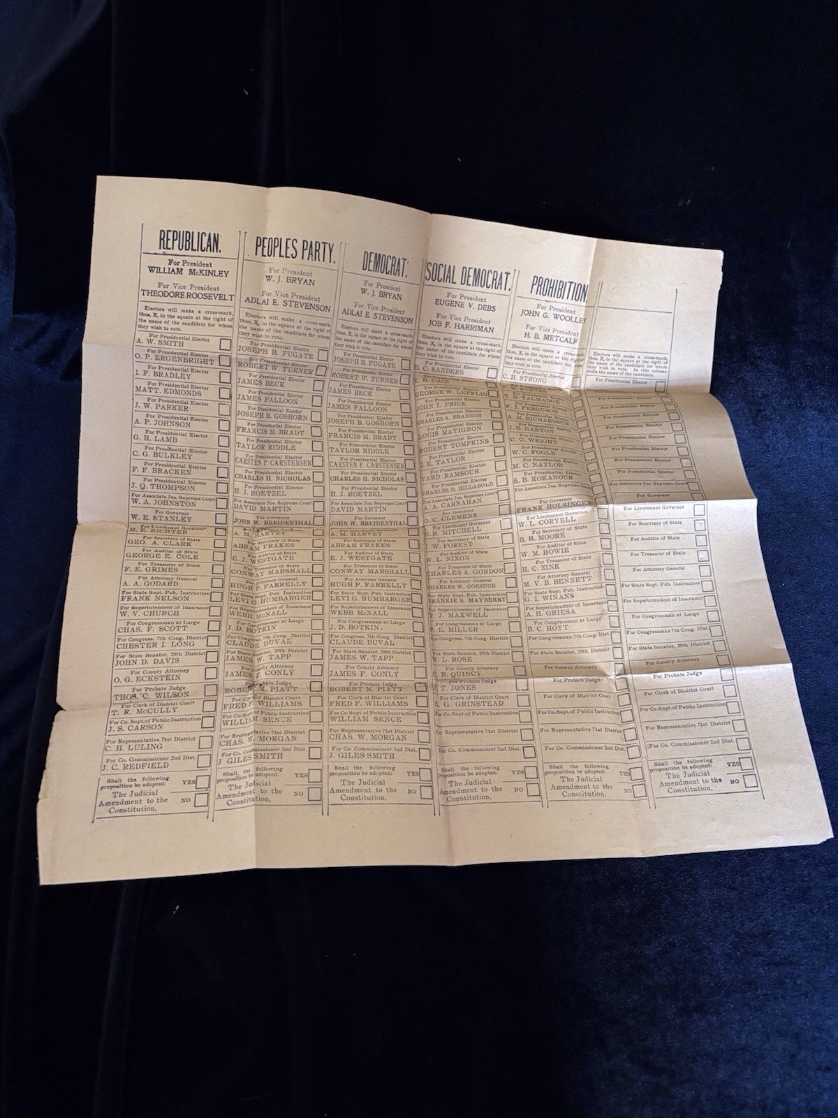Election Ballot, 1900 Kansas. McKinley, Roosevelt.
