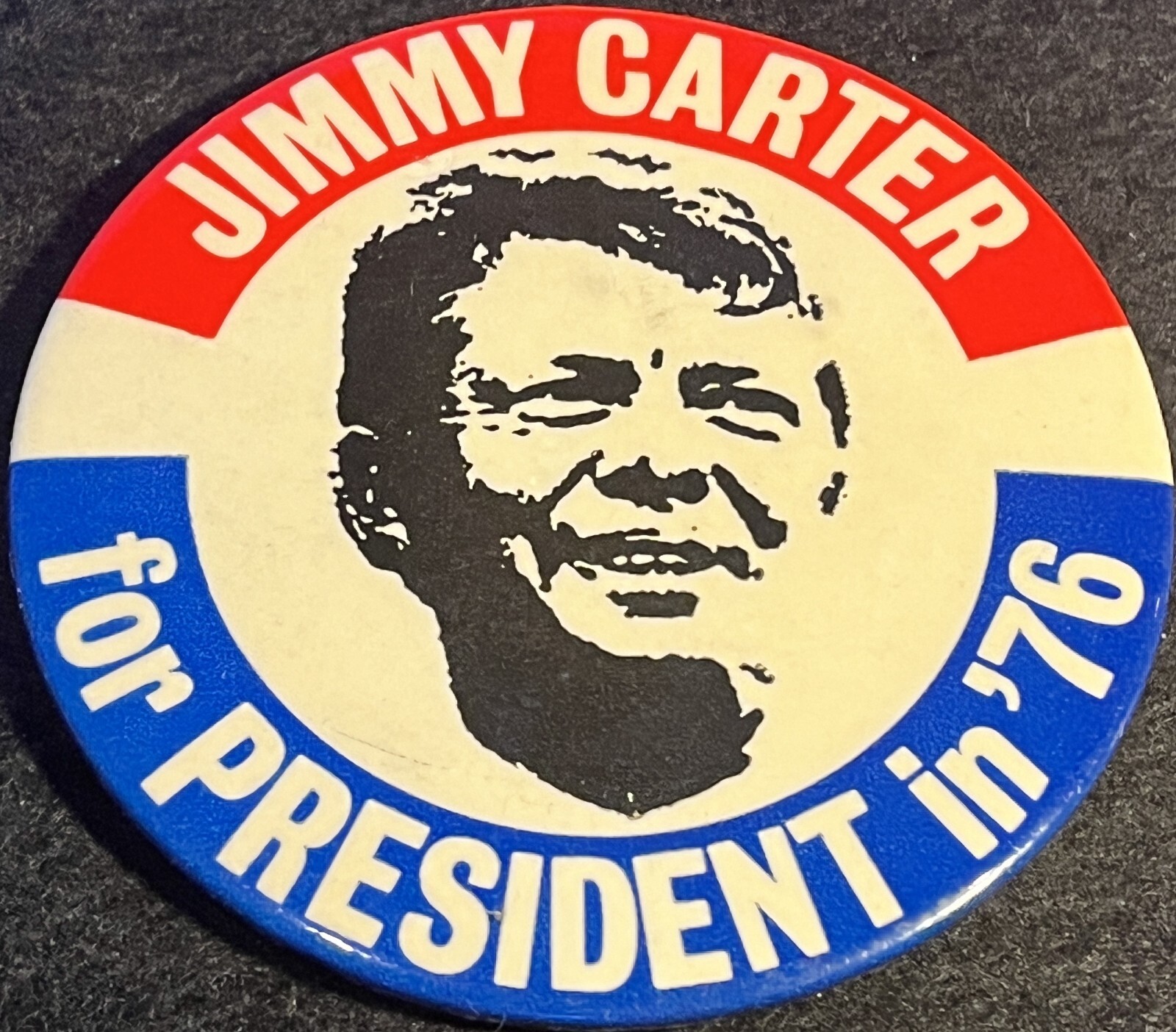Jimmy Carter For President in ’76 3.5″ Political Button Pin B&W Red White Blue