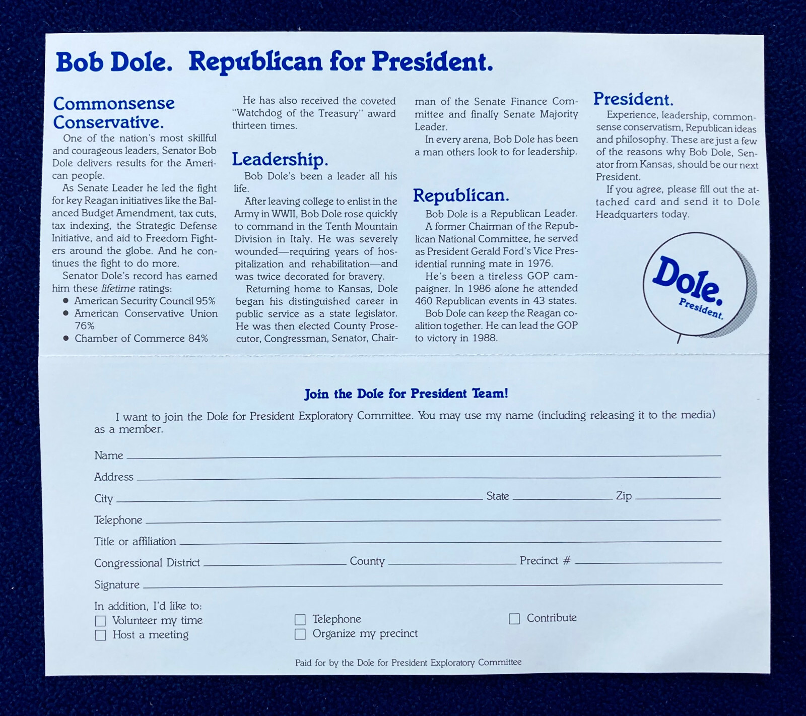 Bob Dole (1923-2021) for President Exploratory Committee Volunteer Flyer–1995