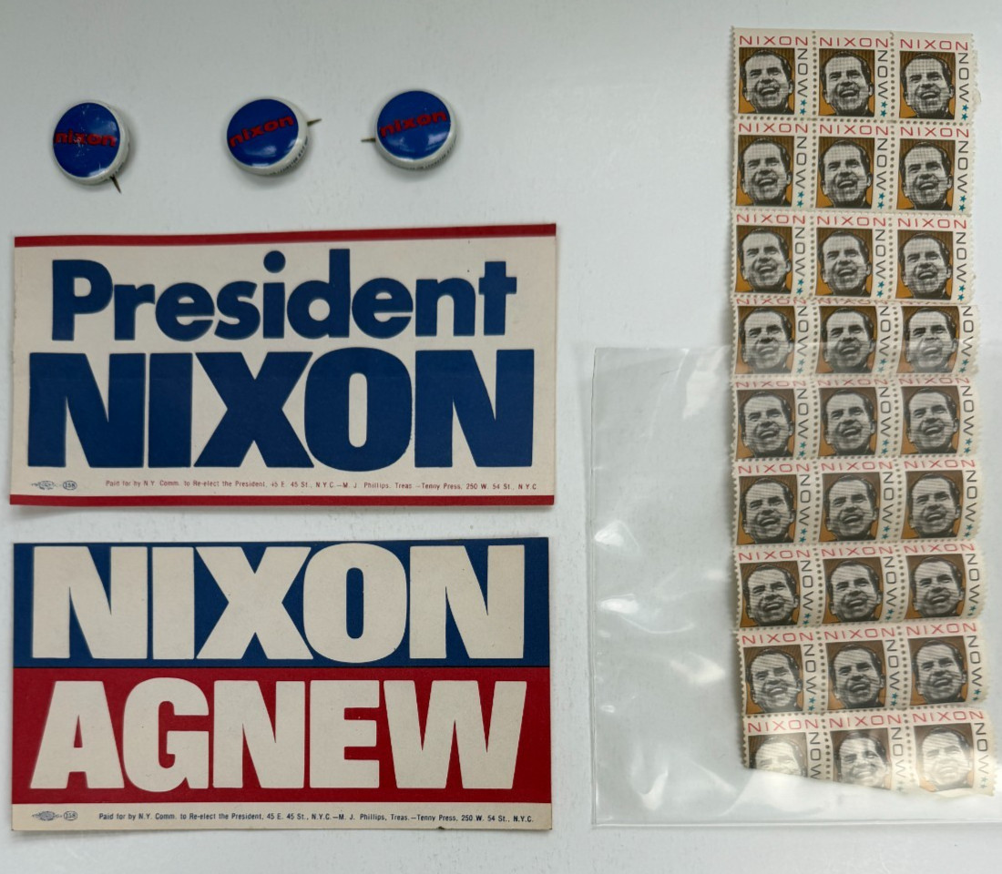 Vintage 1972 Richard Nixon Agnew Campaign Lot Pins Stickers Nixon Now Stamps