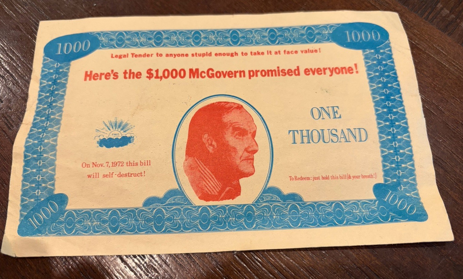Vintage Tom Eagleton Anti-McGovern $1000 Bill Campaign Ad