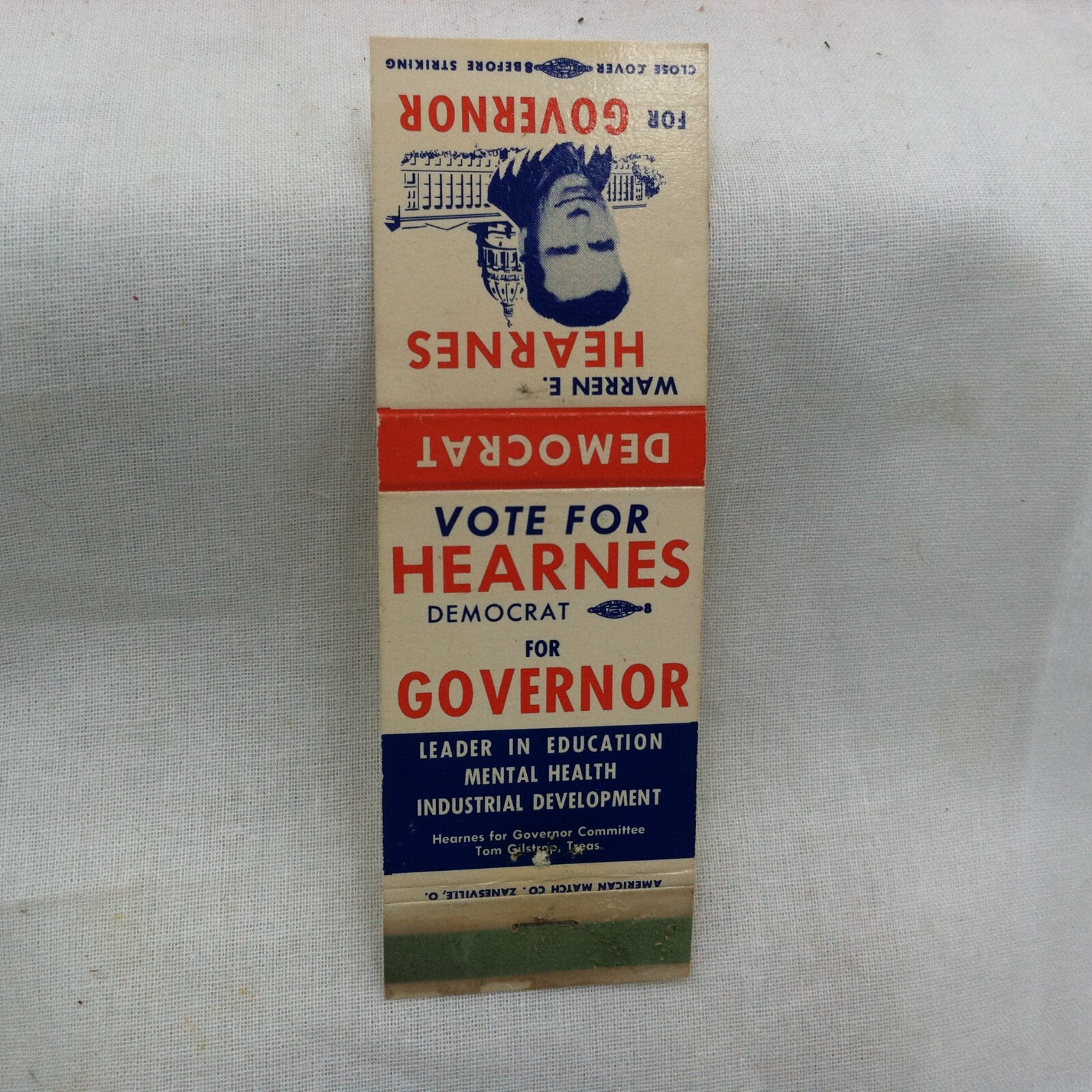Vote for Warren E. Hearnes for Democrat Governor matchbook -Missouri Gov 1965-73