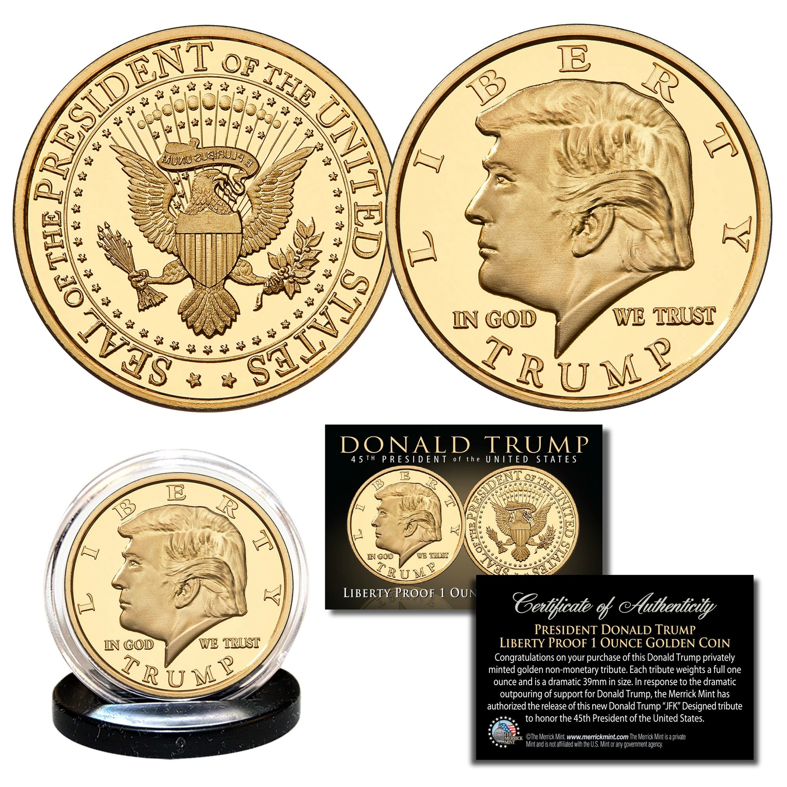 Donald Trump 45th President Liberty PROOF Golden Medallion Large 39mm Coin 1 OZ