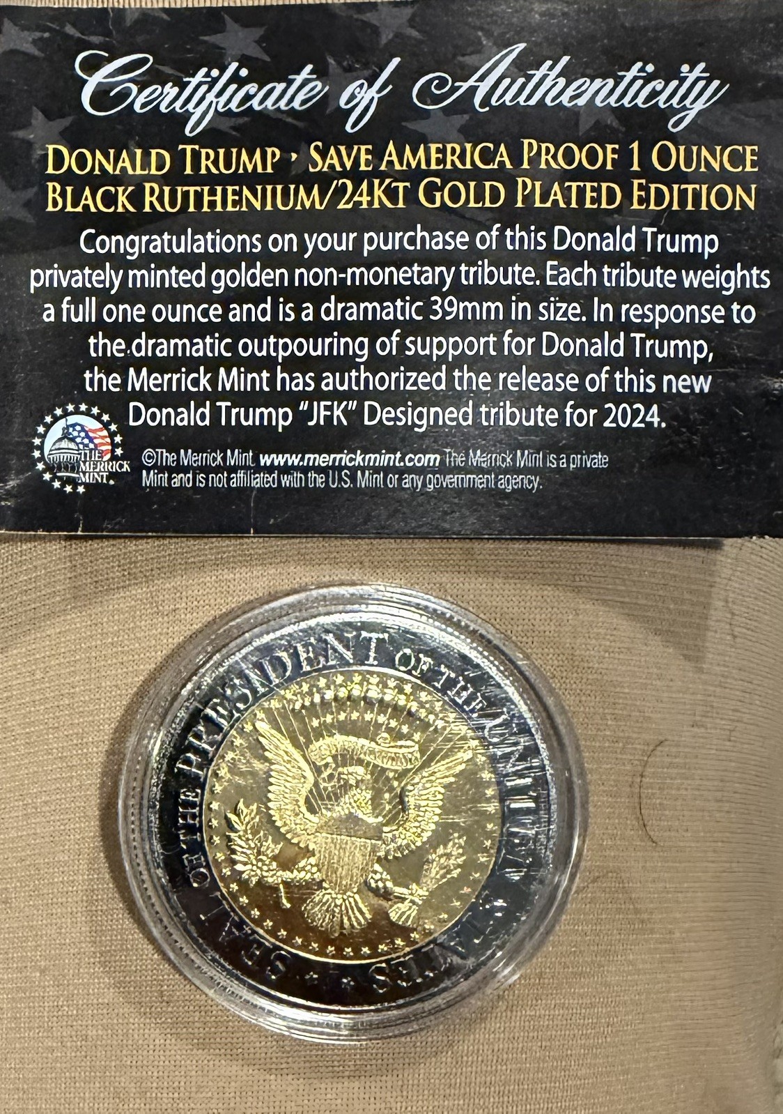 1 Pcs 45th Commemorative Coin 2024 Donald Trump Plated EAGLE President SAVE Gold