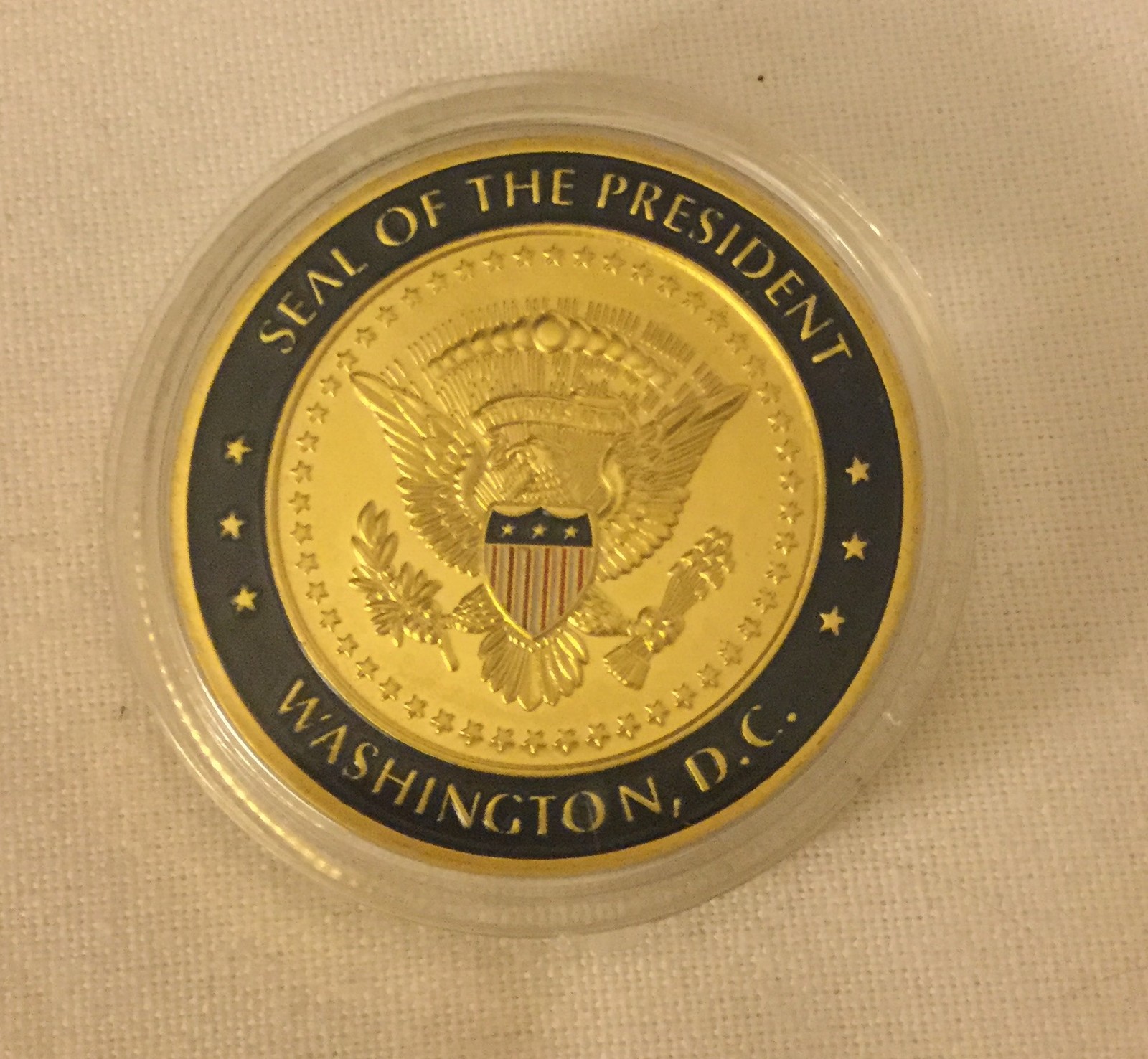 TRUMP CHALLENGE COIN in WOOD BOX PRES GOLD ENAMEL RED REPUBLICAN GOP EAGLE MAGA