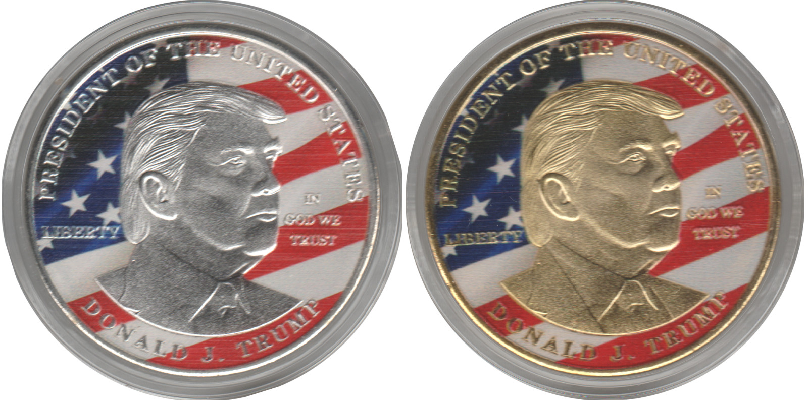 Donald J Trump – 2 Metal Coins & case Pack – Gold / Silver Color – USA President