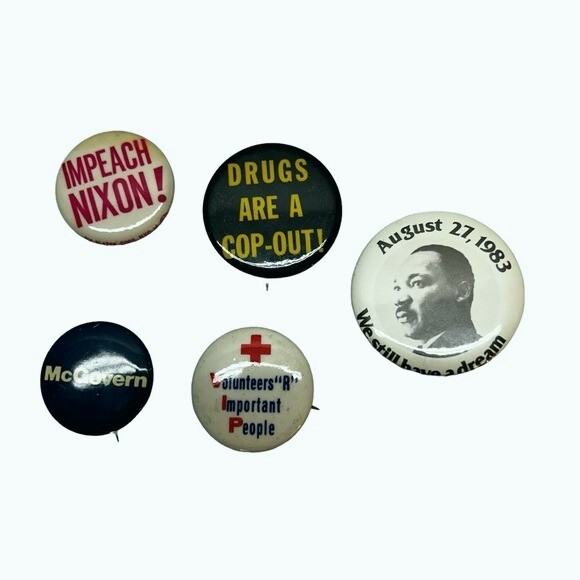 5 vintage Lapel pins buttons Martin Luther king, impeach Nixon McGoverned
